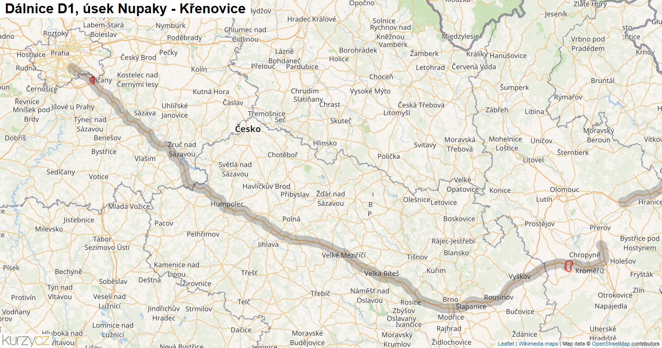 Úsek Nupaky - Křenovice, Dálnice D1 - Mapa