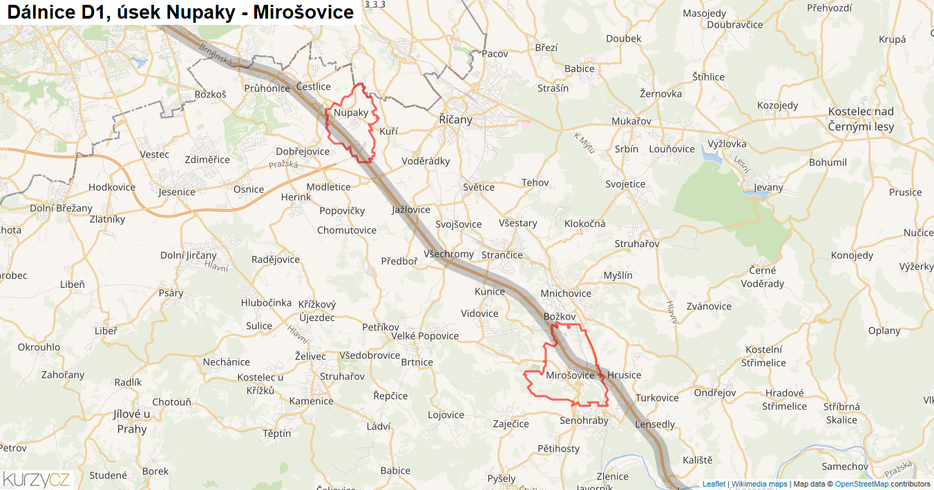 Úsek Nupaky - Mirošovice, Dálnice D1 - Mapa