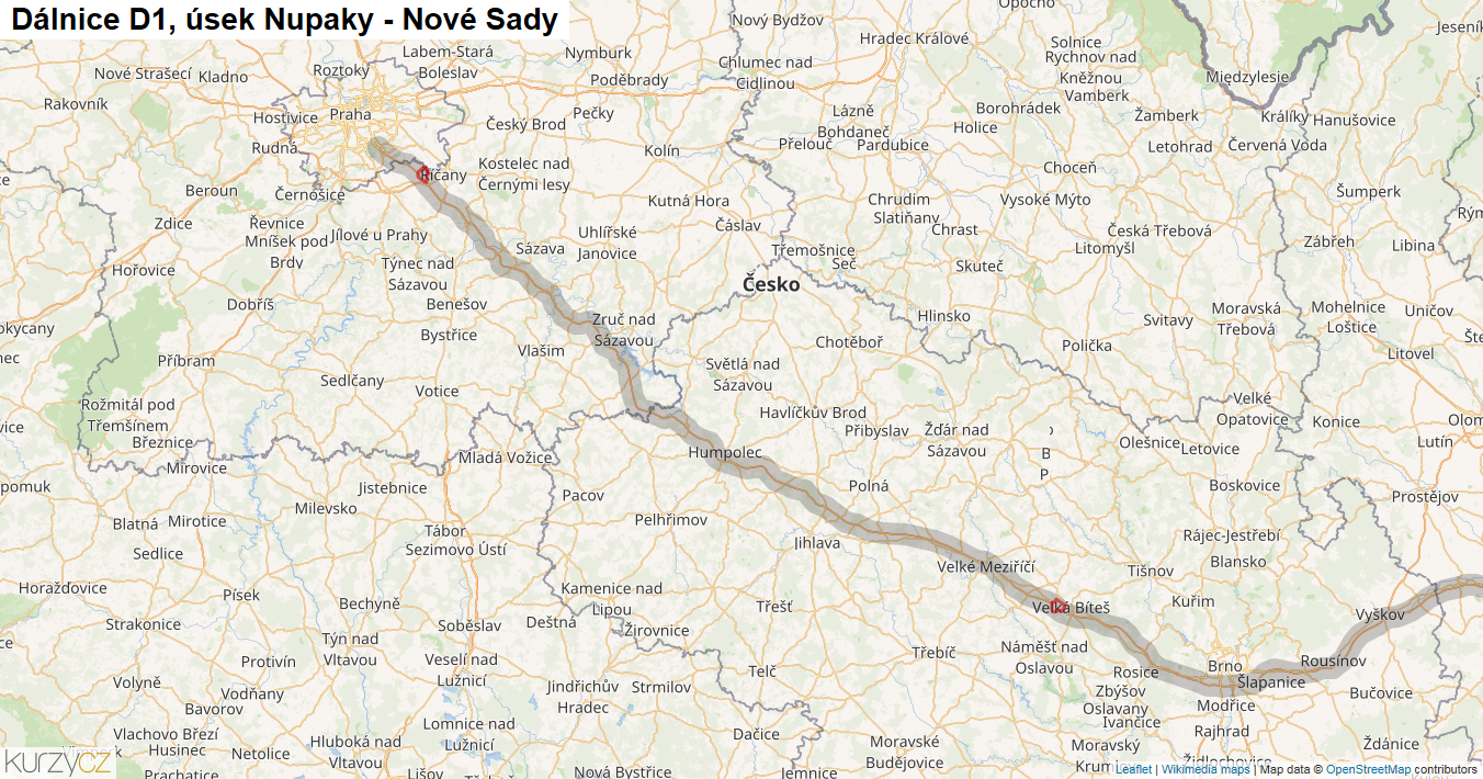 Úsek Nupaky - Nové Sady, Dálnice D1 - Mapa