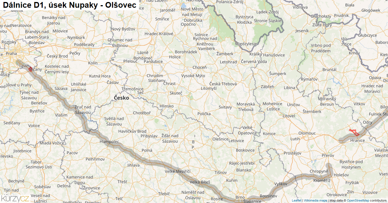 Úsek Nupaky - Olšovec, Dálnice D1 - Mapa