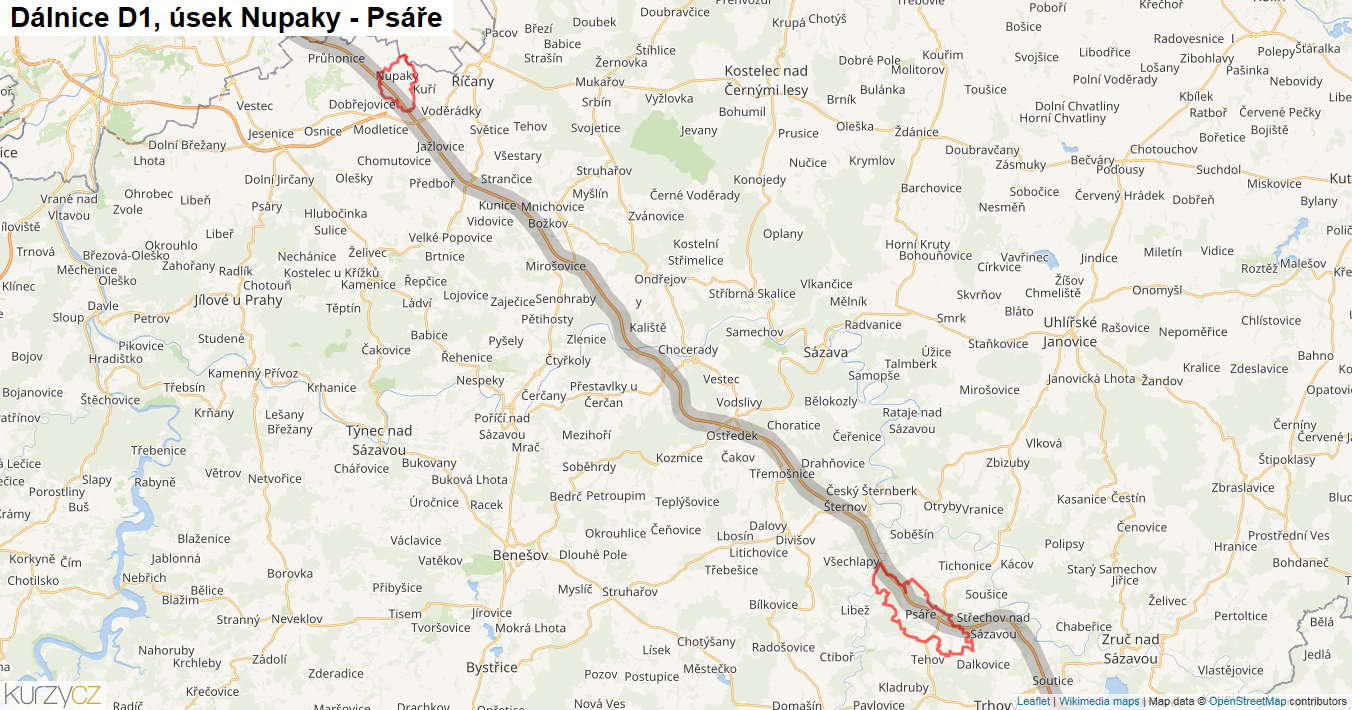 Úsek Nupaky - Psáře, Dálnice D1 - Mapa