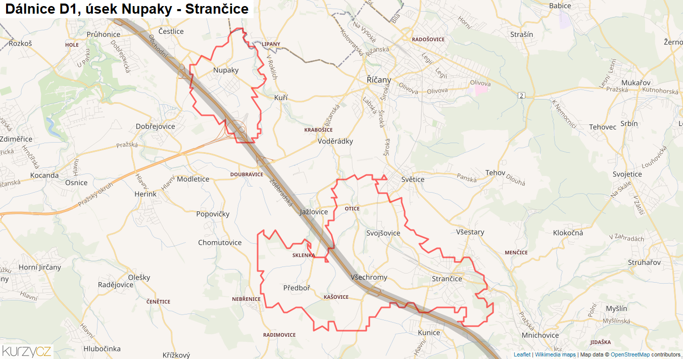 Úsek Nupaky - Strančice, Dálnice D1 - Mapa