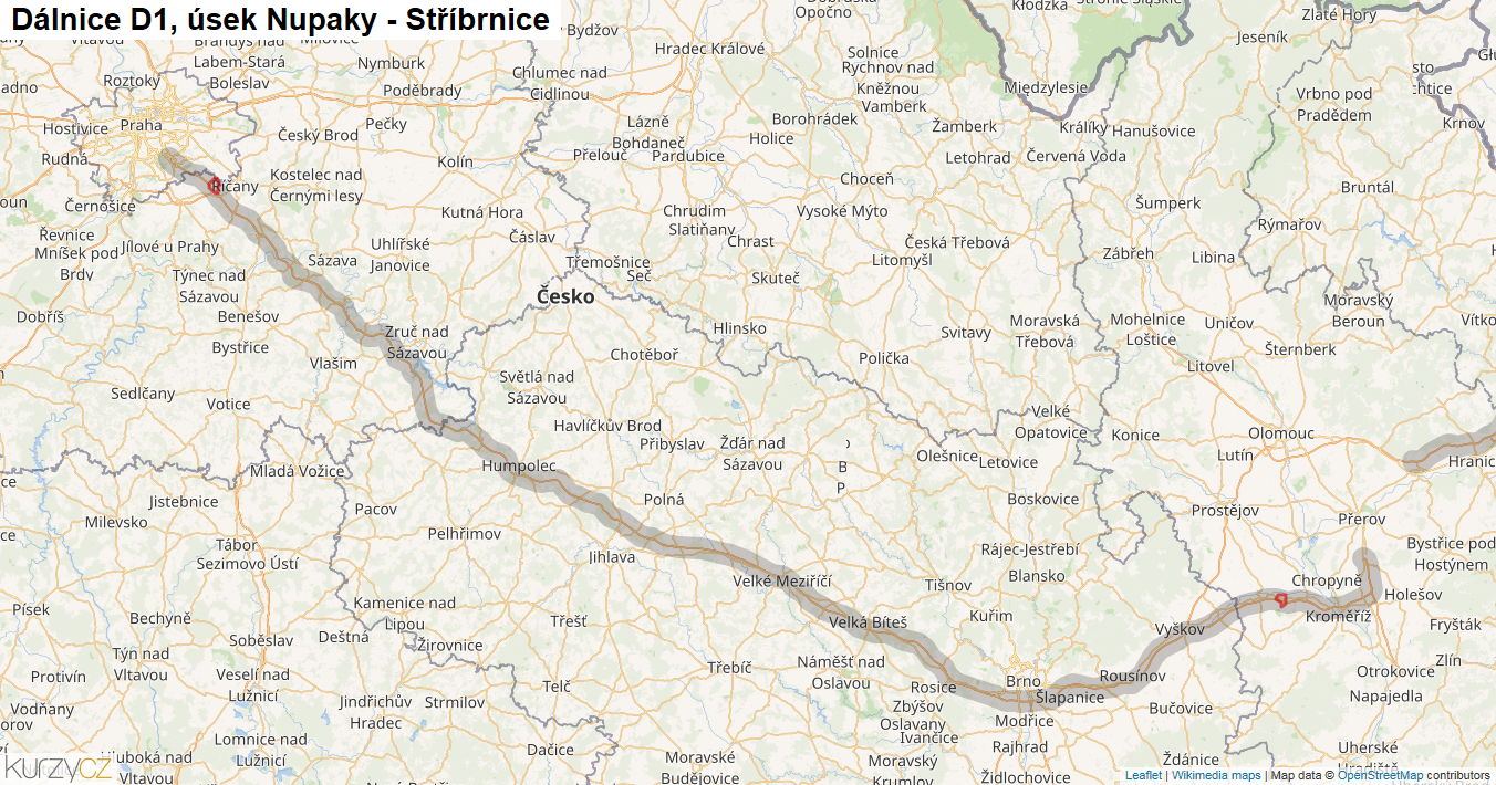Úsek Nupaky - Stříbrnice, Dálnice D1 - Mapa