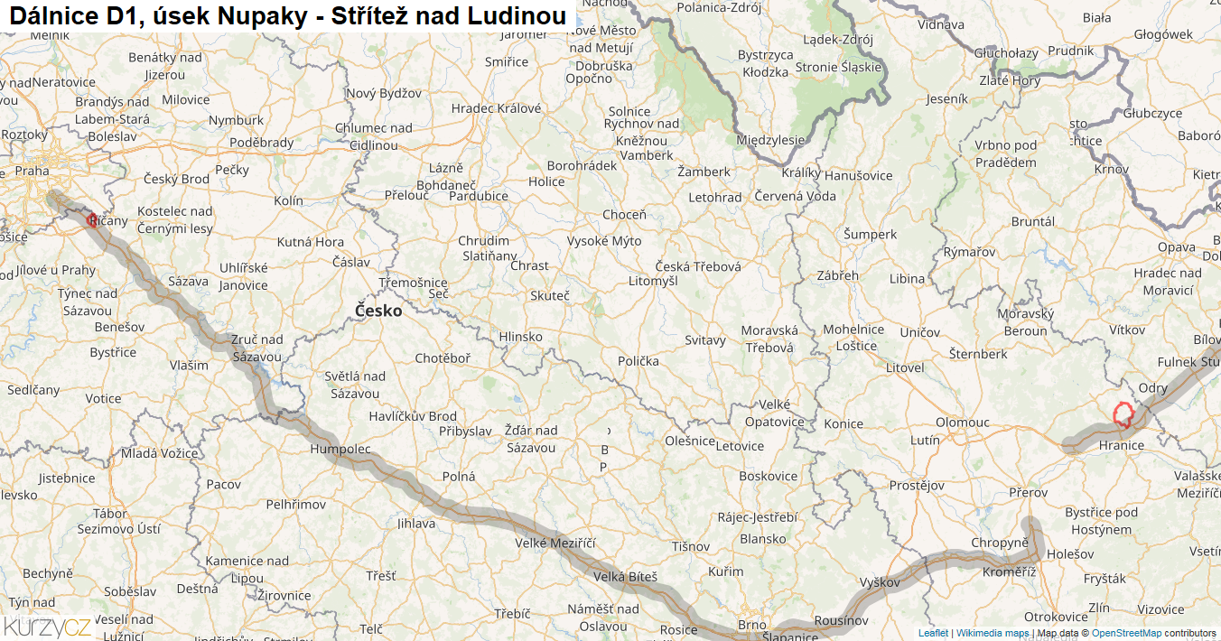 Úsek Nupaky - Střítež nad Ludinou, Dálnice D1 - Mapa