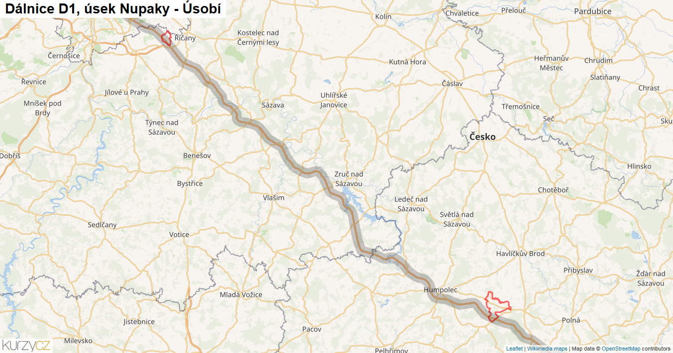 Úsek Nupaky - Úsobí, Dálnice D1 - Mapa