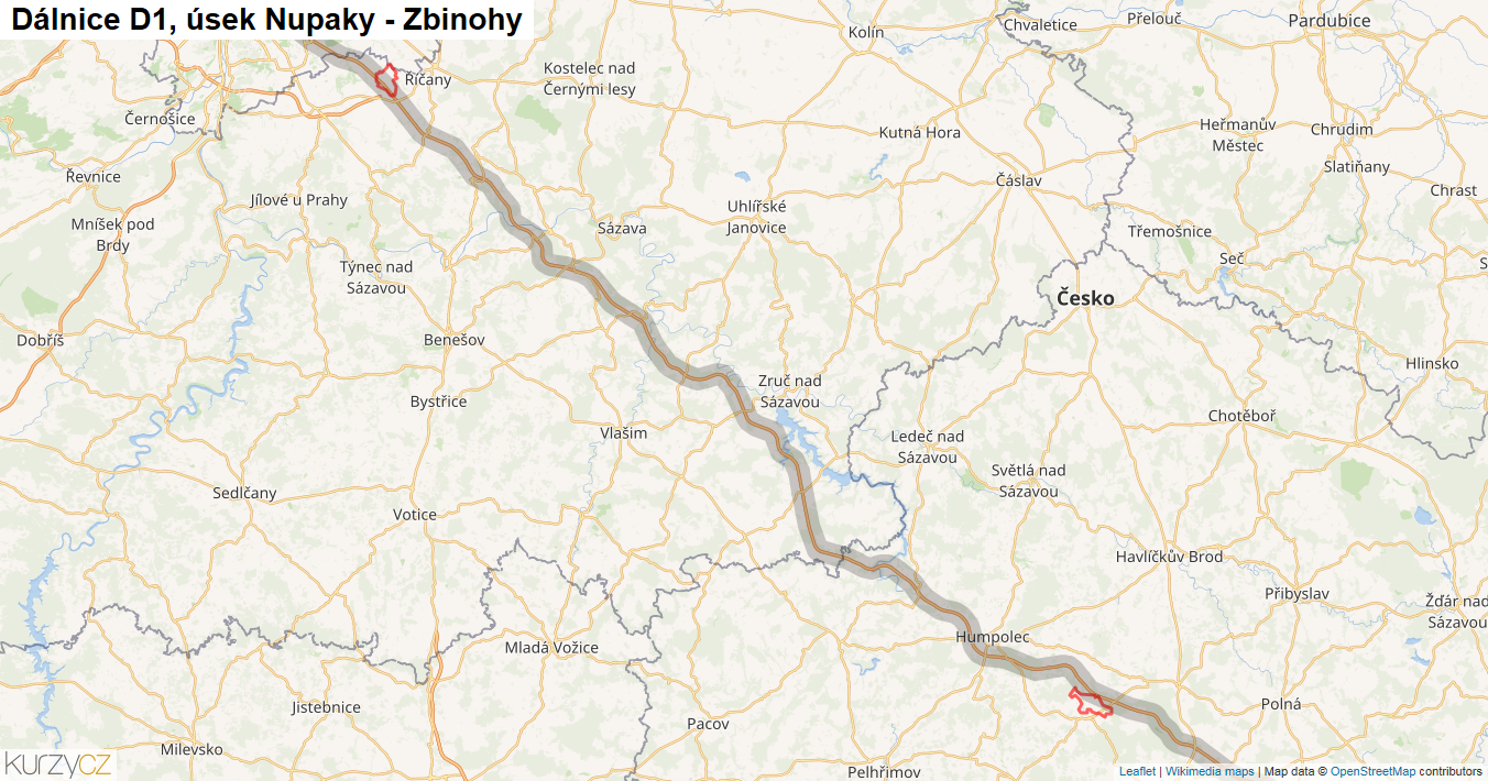 Úsek Nupaky - Zbinohy, Dálnice D1 - Mapa