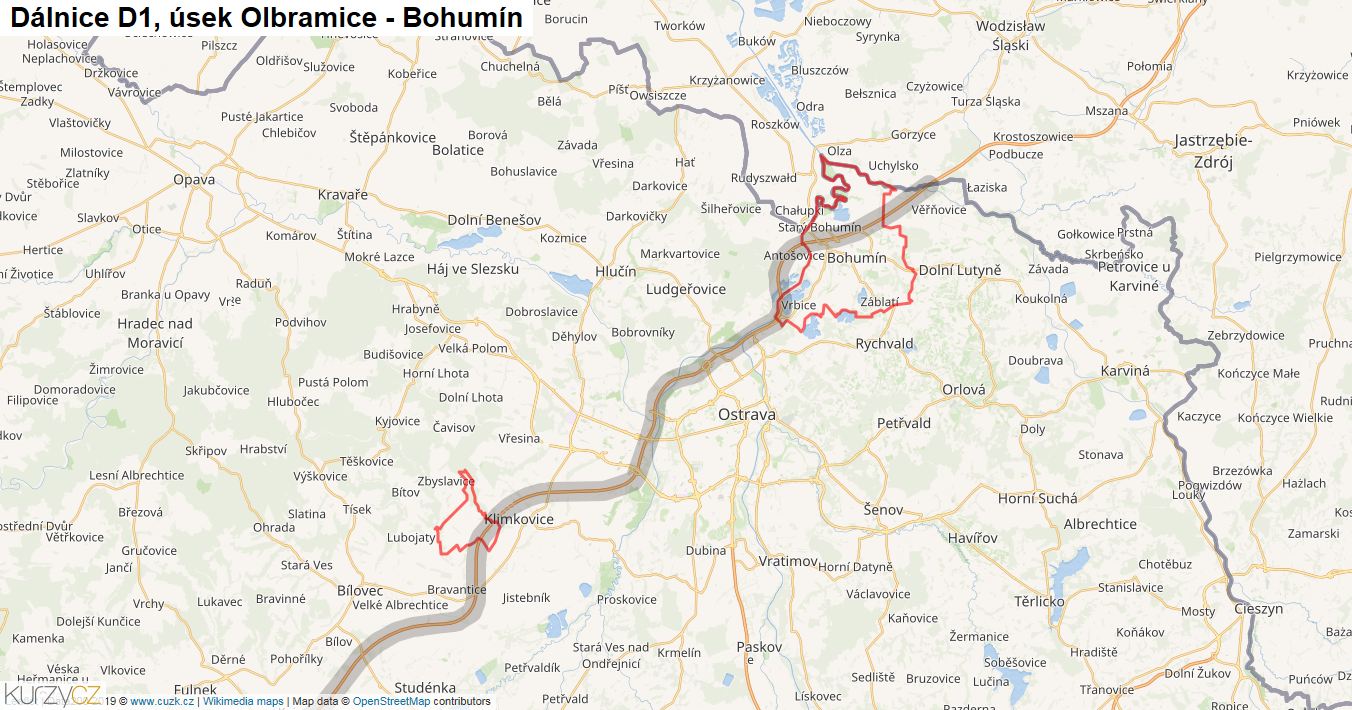 Úsek Olbramice - Bohumín, Dálnice D1 - Mapa