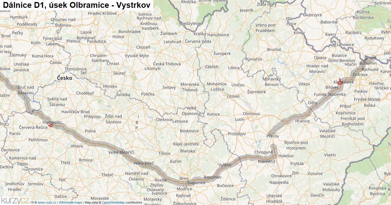 Úsek Olbramice - Vystrkov, Dálnice D1 - Mapa
