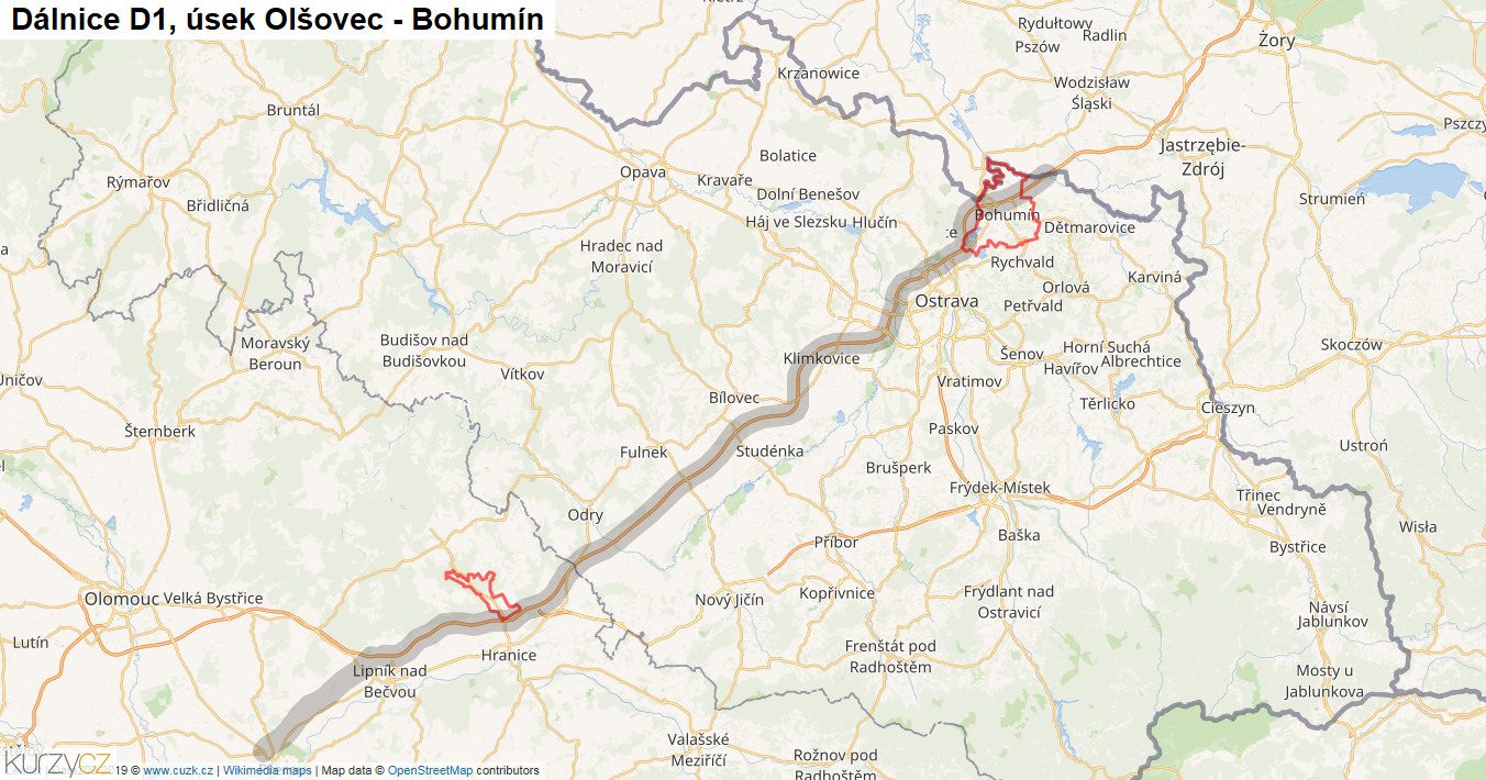 Úsek Olšovec - Bohumín, Dálnice D1 - Mapa