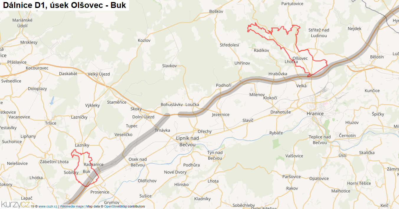 Úsek Olšovec - Buk, Dálnice D1 - Mapa