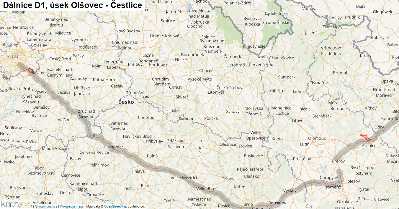 Úsek Olšovec - Čestlice, Dálnice D1 - Mapa