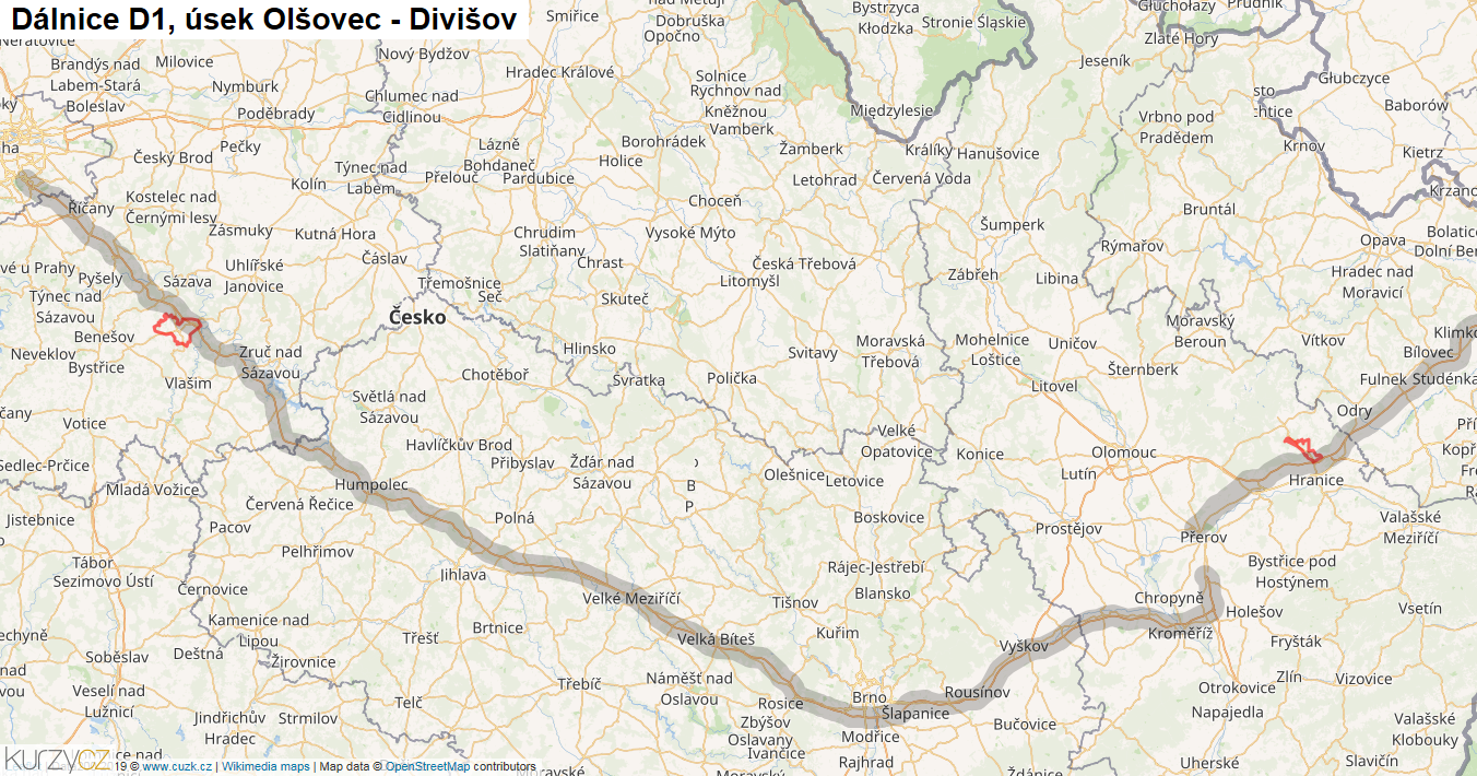 Úsek Olšovec - Divišov, Dálnice D1 - Mapa