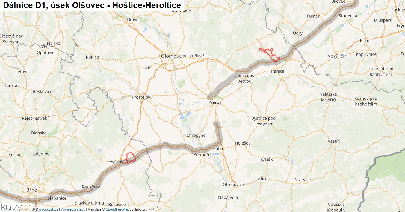 Úsek Olšovec - Hoštice-Heroltice, Dálnice D1 - Mapa