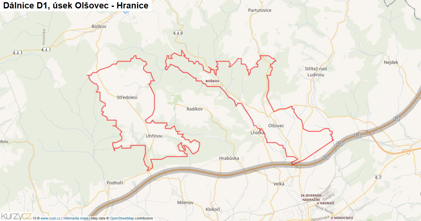 Úsek Olšovec - Hranice, Dálnice D1 - Mapa