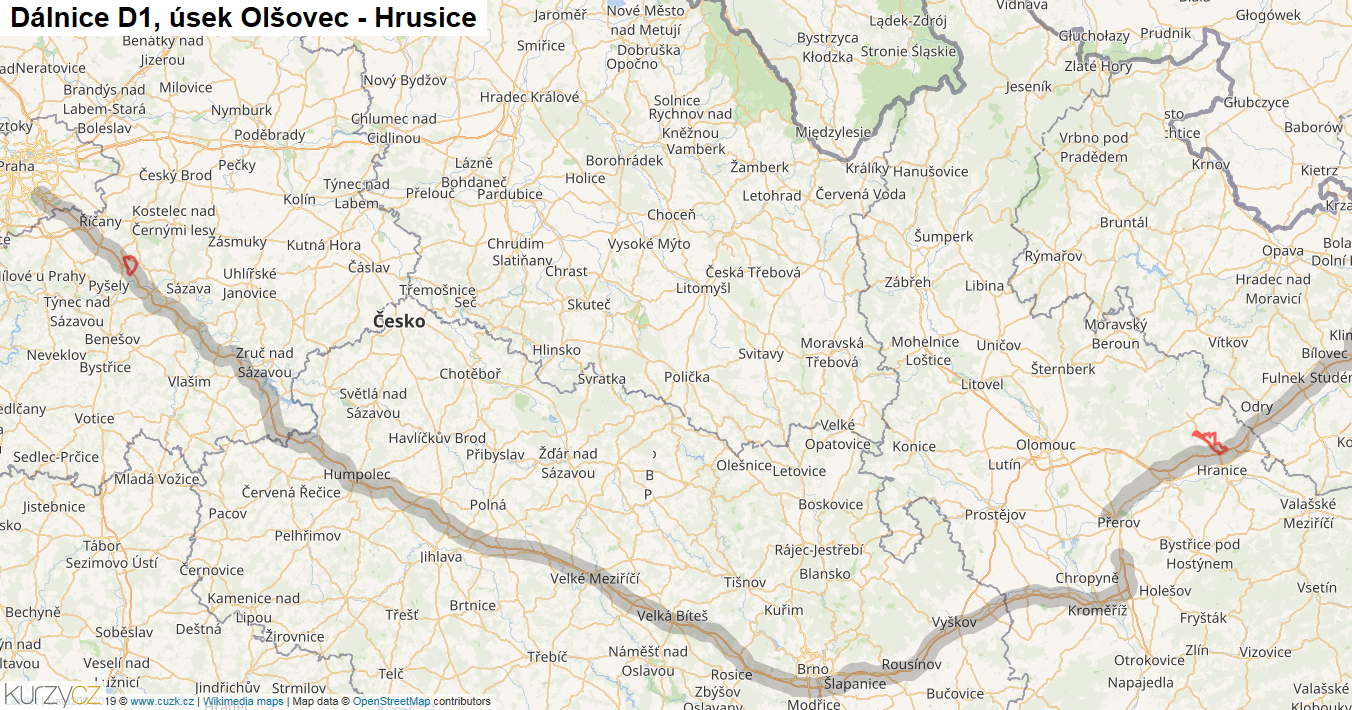 Úsek Olšovec - Hrusice, Dálnice D1 - Mapa