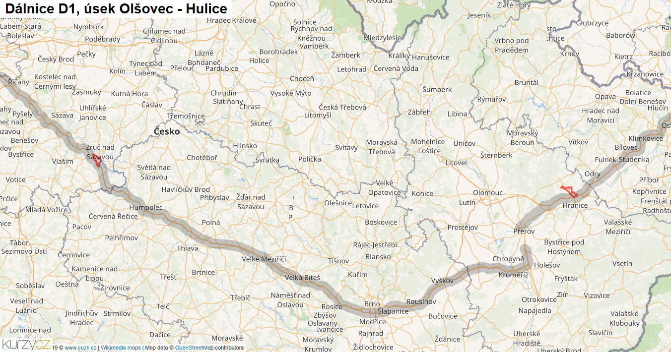 Úsek Olšovec - Hulice, Dálnice D1 - Mapa