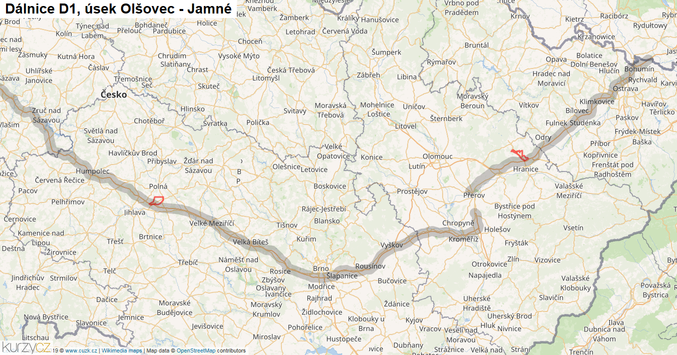 Úsek Olšovec - Jamné, Dálnice D1 - Mapa