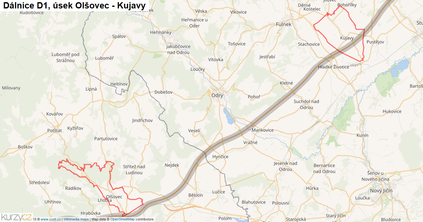 Úsek Olšovec - Kujavy, Dálnice D1 - Mapa