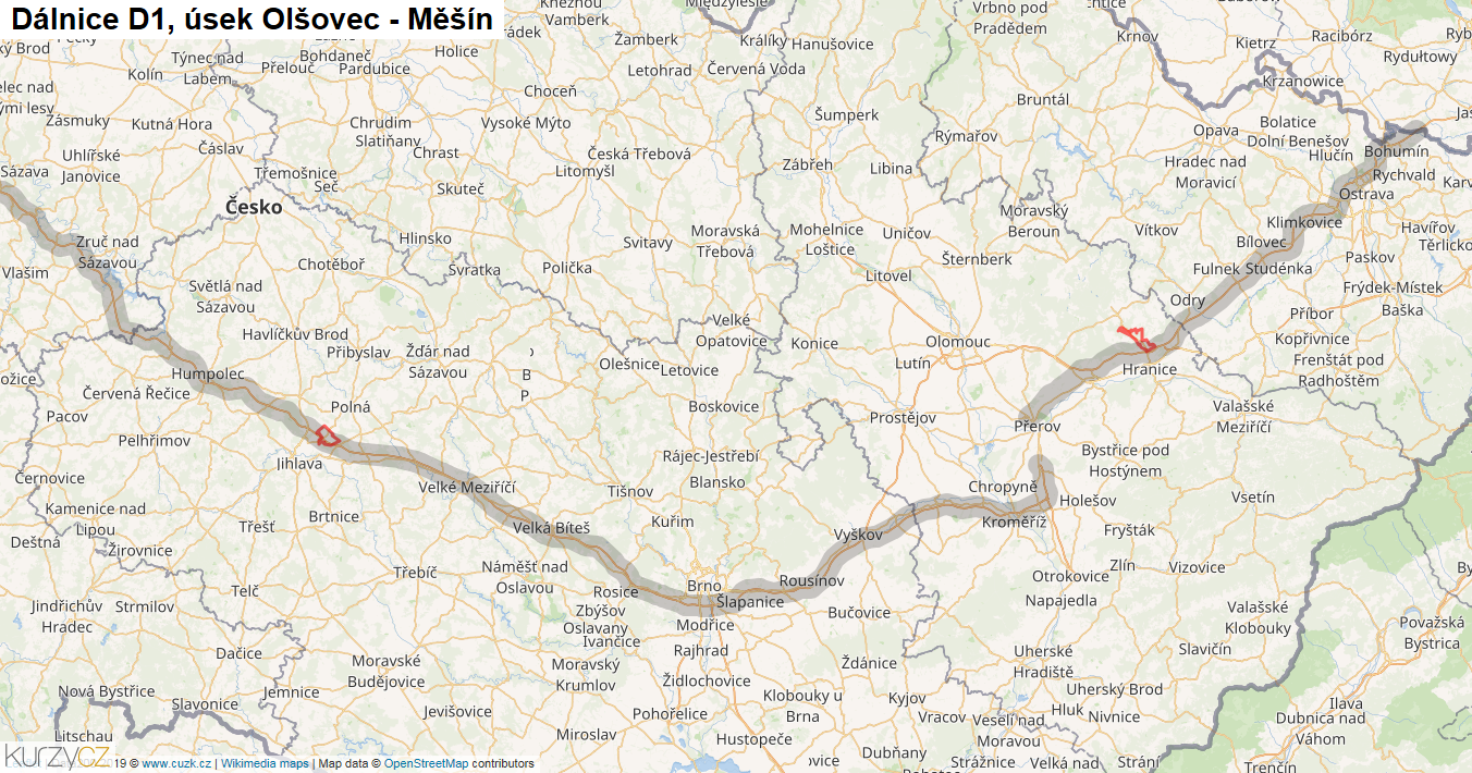 Úsek Olšovec - Měšín, Dálnice D1 - Mapa