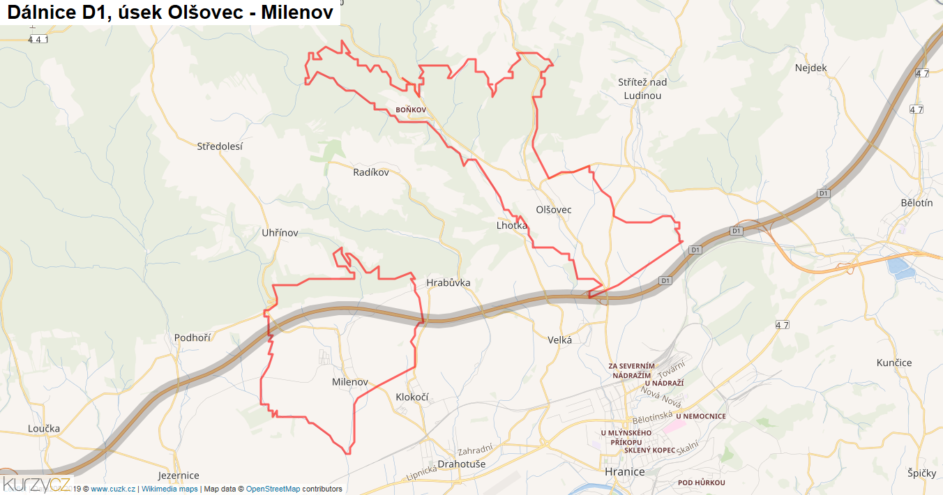 Úsek Olšovec - Milenov, Dálnice D1 - Mapa
