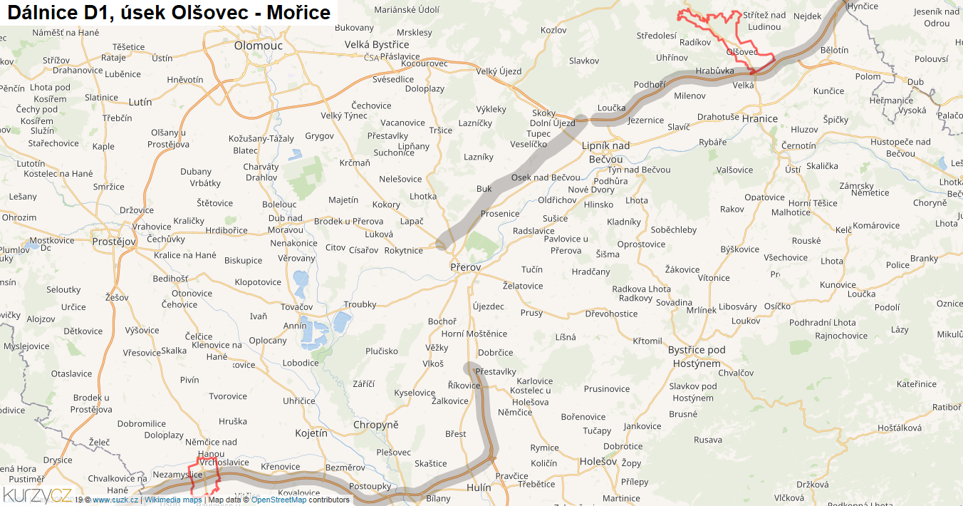 Úsek Olšovec - Mořice, Dálnice D1 - Mapa