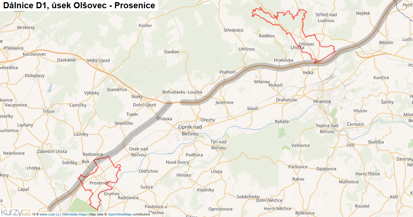 Úsek Olšovec - Prosenice, Dálnice D1 - Mapa