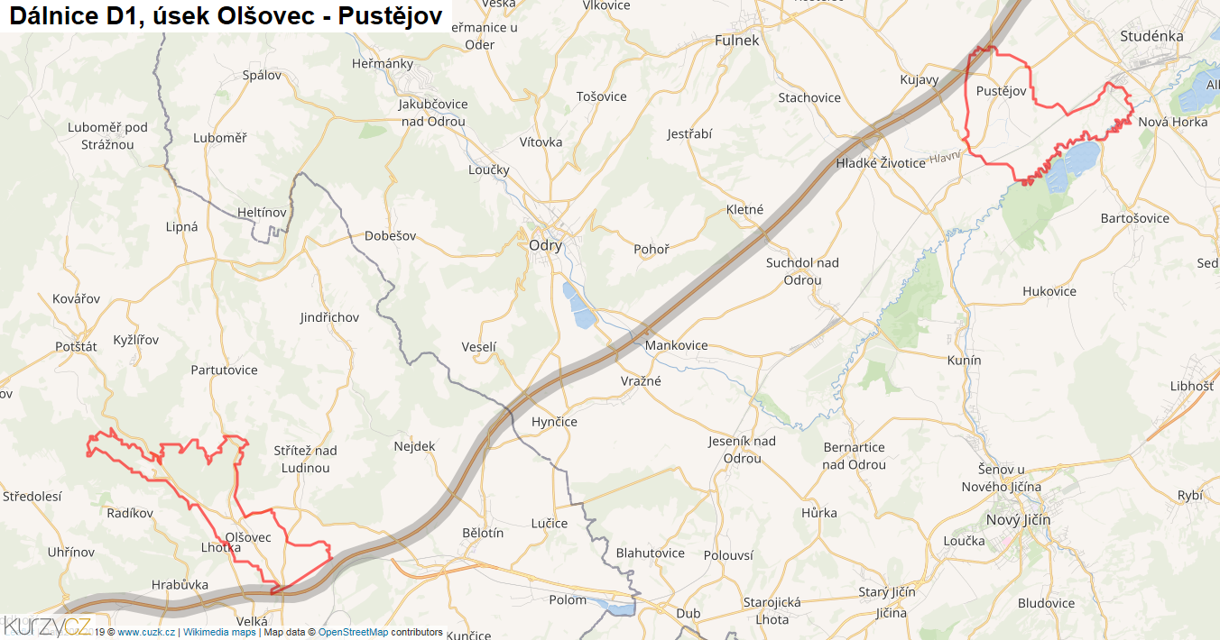 Úsek Olšovec - Pustějov, Dálnice D1 - Mapa