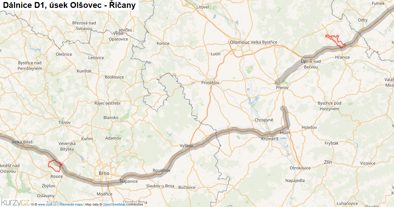 Úsek Olšovec - Říčany, Dálnice D1 - Mapa