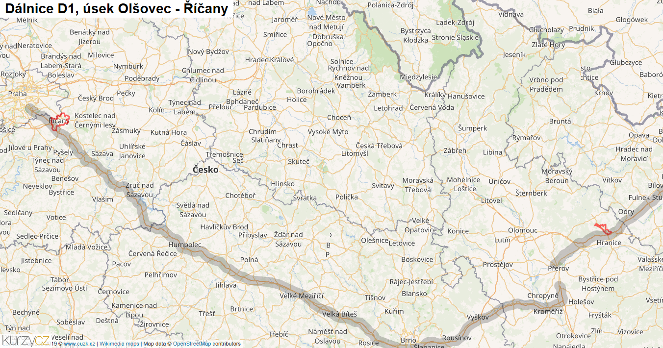 Úsek Olšovec - Říčany, Dálnice D1 - Mapa