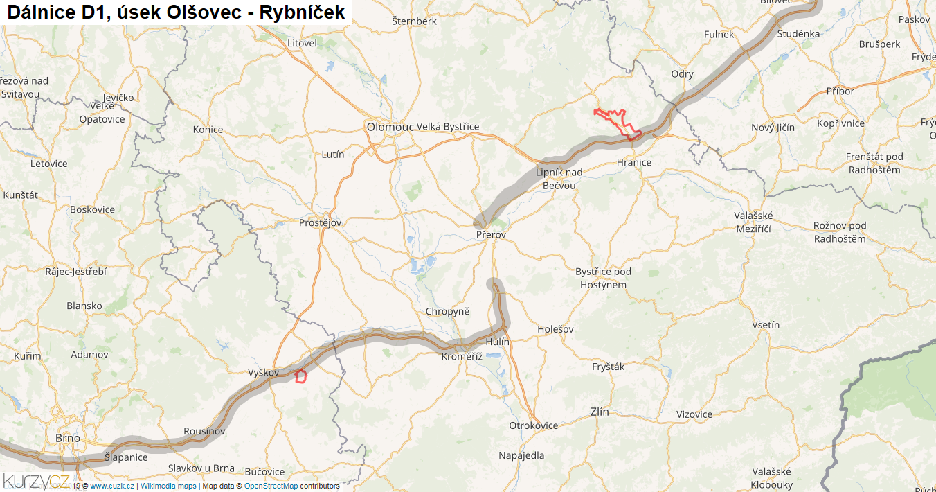 Úsek Olšovec - Rybníček, Dálnice D1 - Mapa