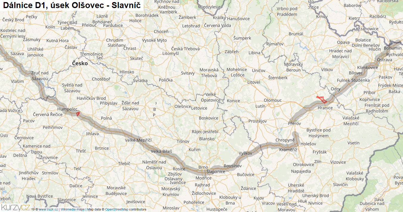 Úsek Olšovec - Slavníč, Dálnice D1 - Mapa