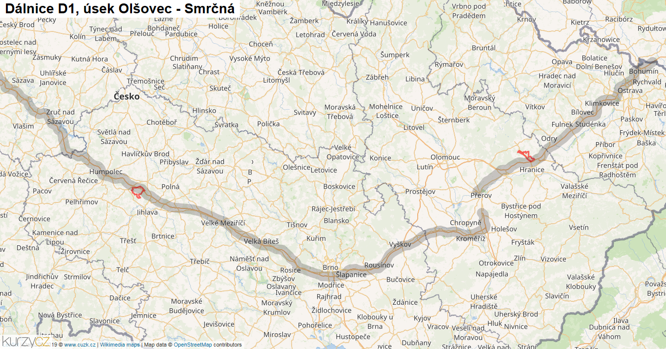 Úsek Olšovec - Smrčná, Dálnice D1 - Mapa