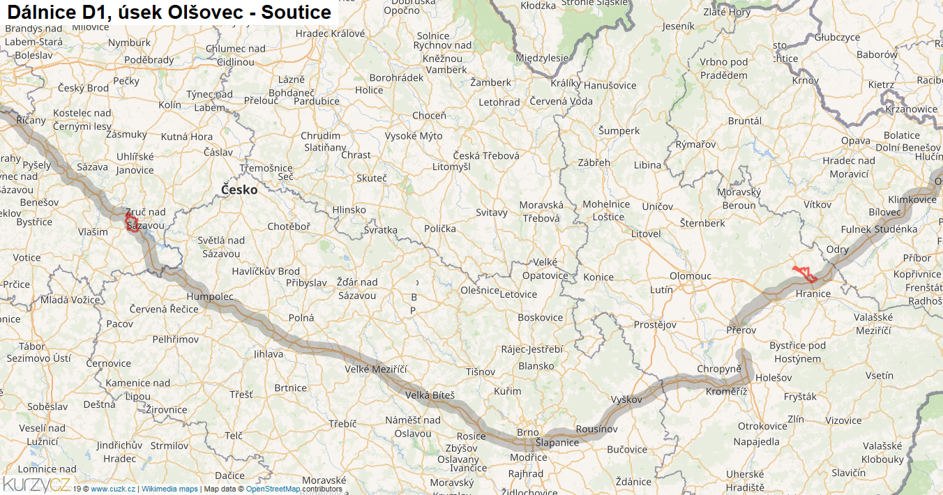 Úsek Olšovec - Soutice, Dálnice D1 - Mapa