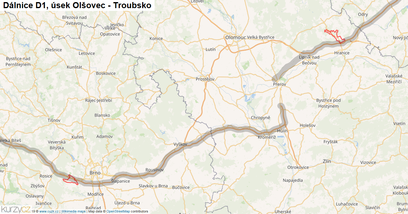 Úsek Olšovec - Troubsko, Dálnice D1 - Mapa