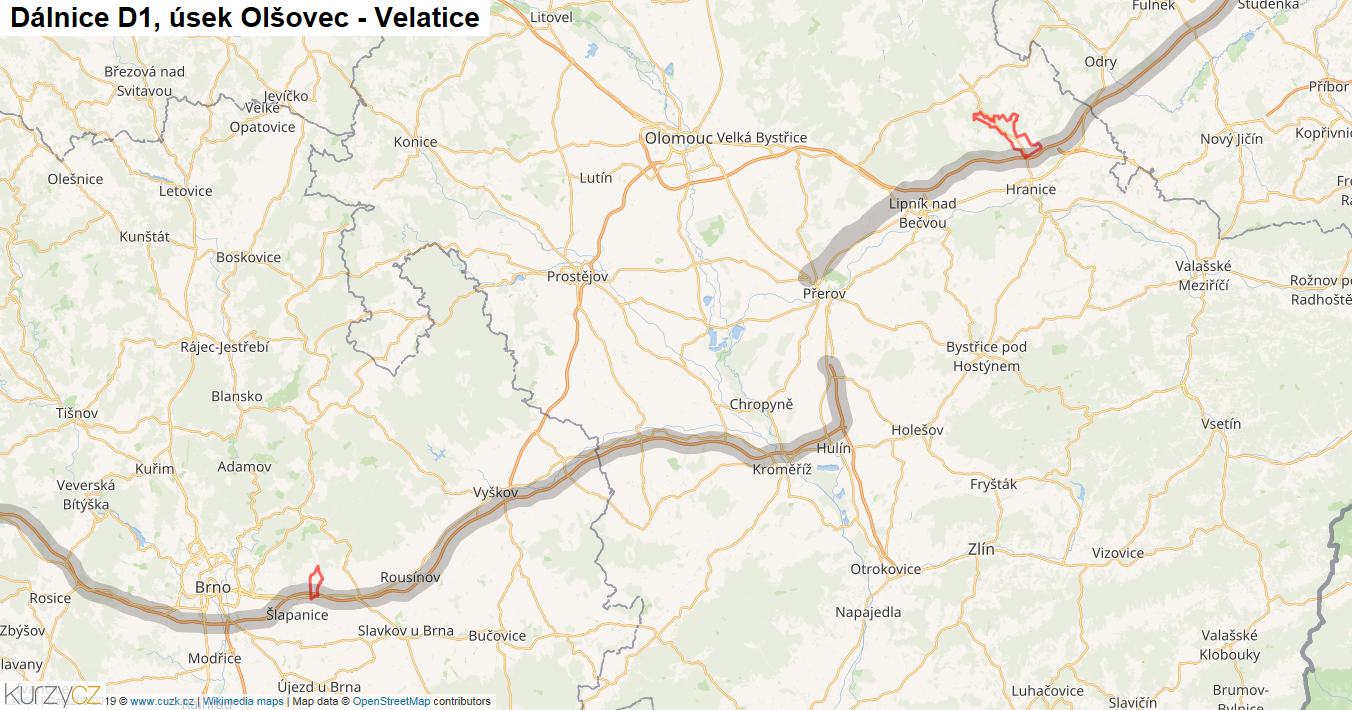 Úsek Olšovec - Velatice, Dálnice D1 - Mapa