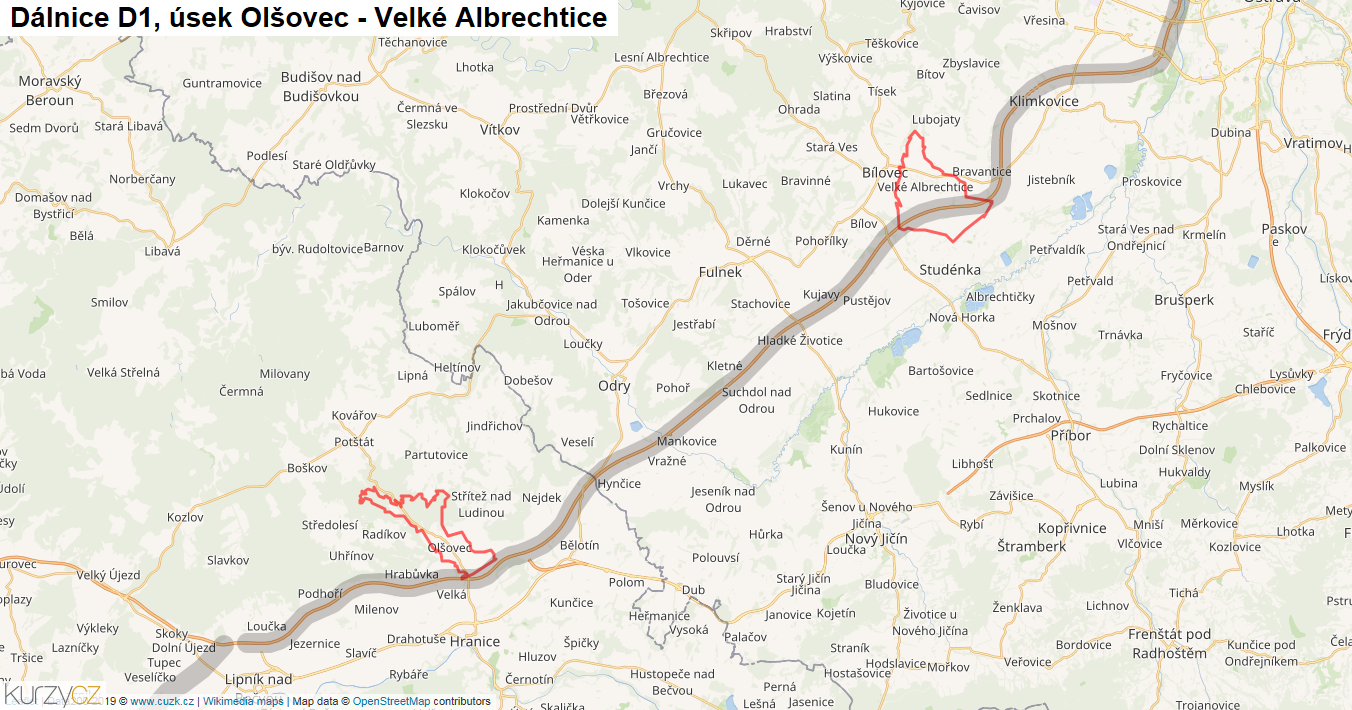 Úsek Olšovec - Velké Albrechtice, Dálnice D1 - Mapa