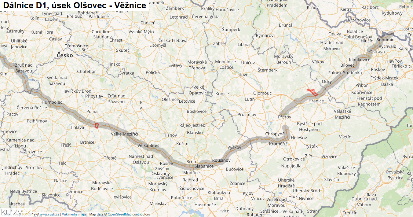 Úsek Olšovec - Věžnice, Dálnice D1 - Mapa