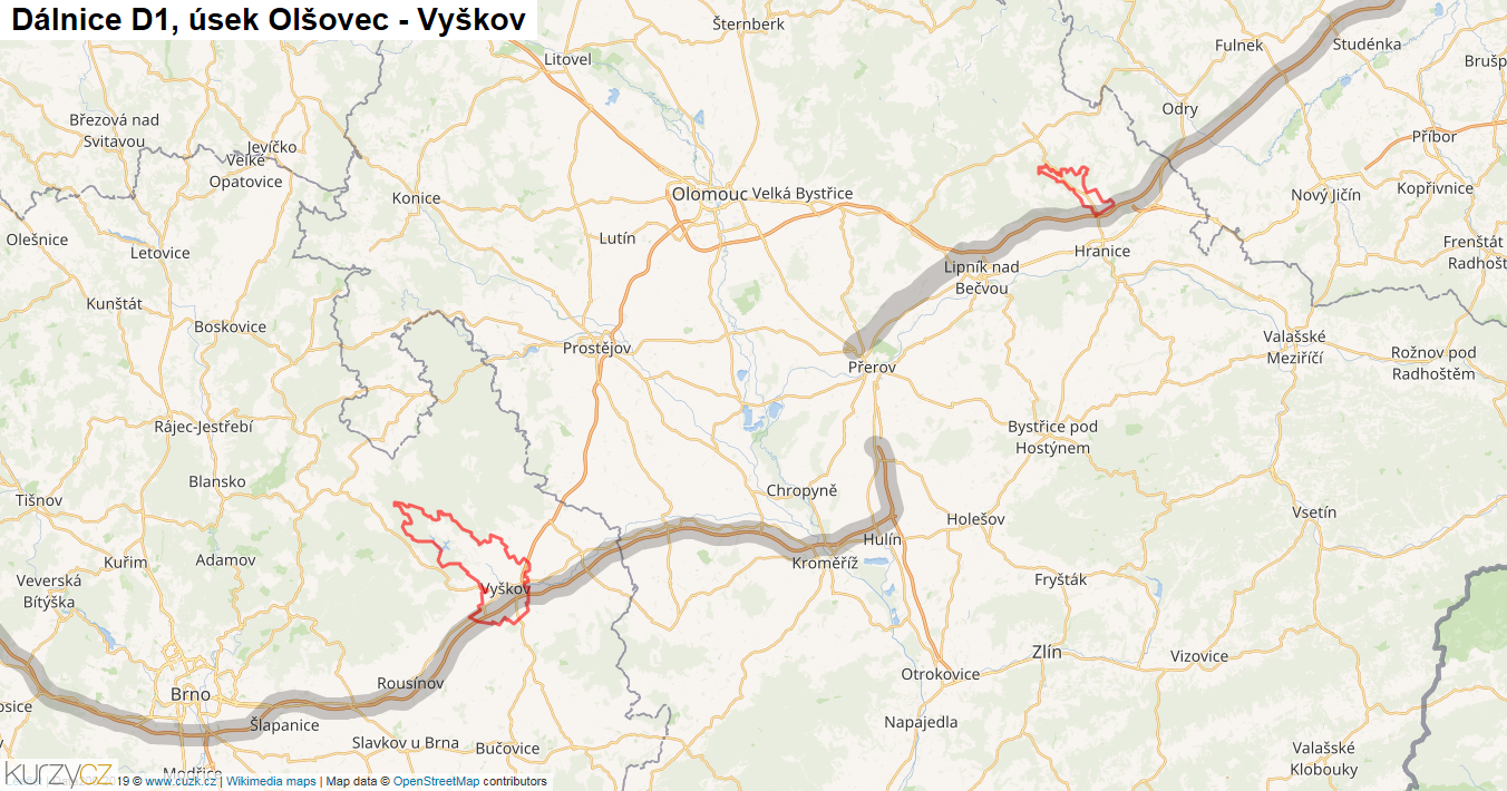 Úsek Olšovec - Vyškov, Dálnice D1 - Mapa
