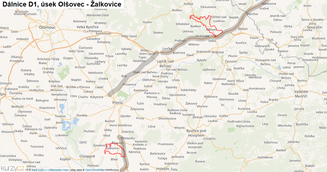 Úsek Olšovec - Žalkovice, Dálnice D1 - Mapa