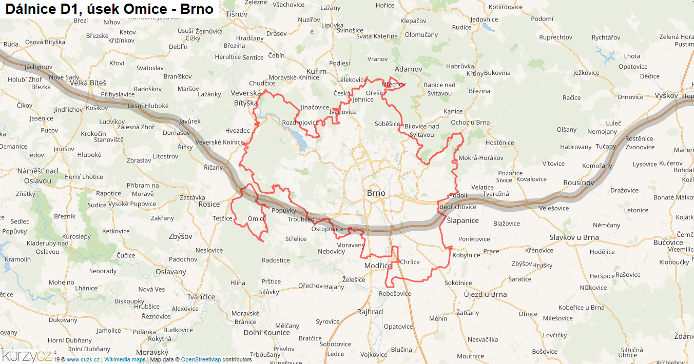 Úsek Omice - Brno, Dálnice D1 - Mapa