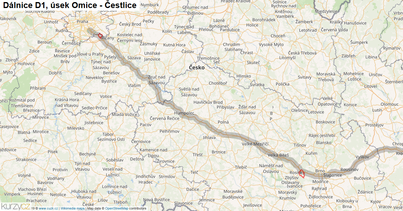 Úsek Omice - Čestlice, Dálnice D1 - Mapa