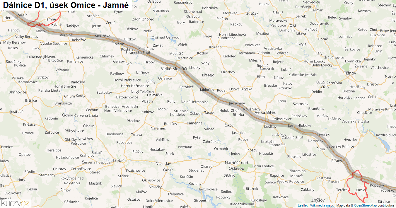 Úsek Omice - Jamné, Dálnice D1 - Mapa