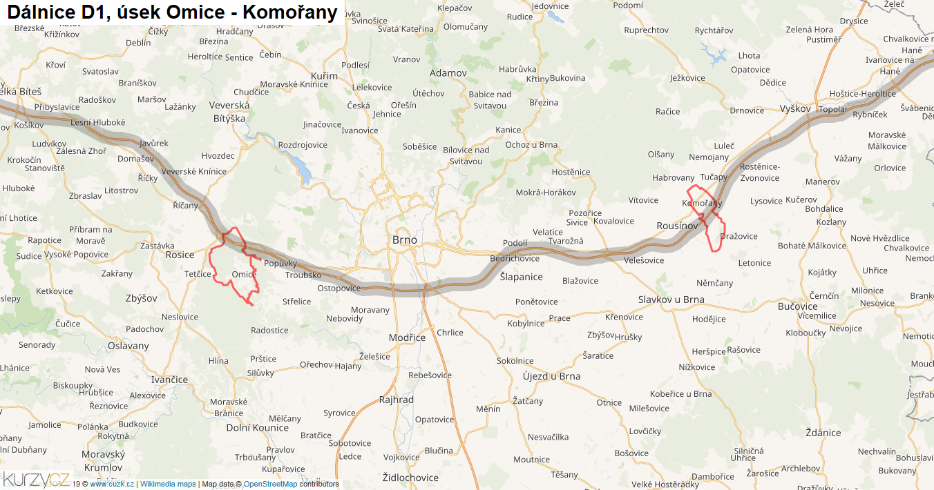 Úsek Omice - Komořany, Dálnice D1 - Mapa