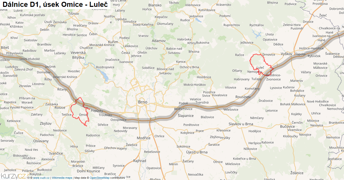 Úsek Omice - Luleč, Dálnice D1 - Mapa