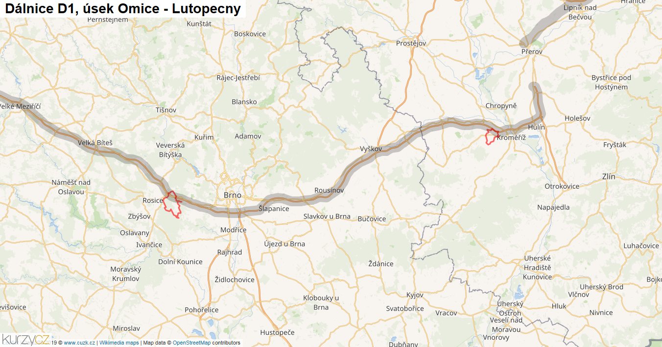 Úsek Omice - Lutopecny, Dálnice D1 - Mapa