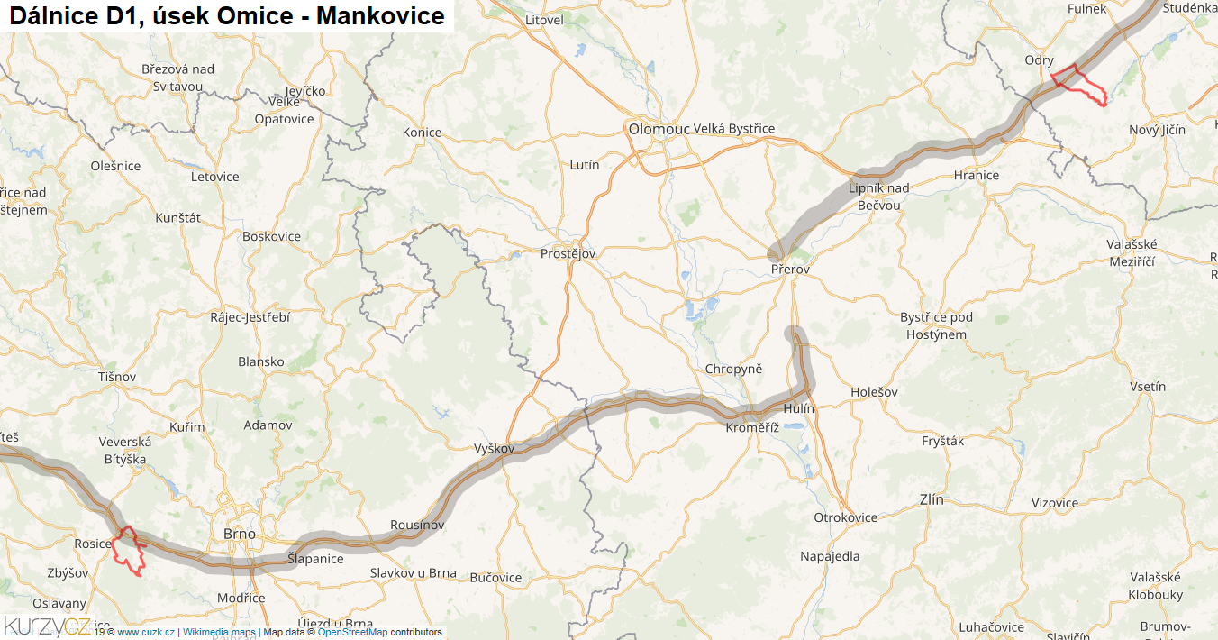 Úsek Omice - Mankovice, Dálnice D1 - Mapa