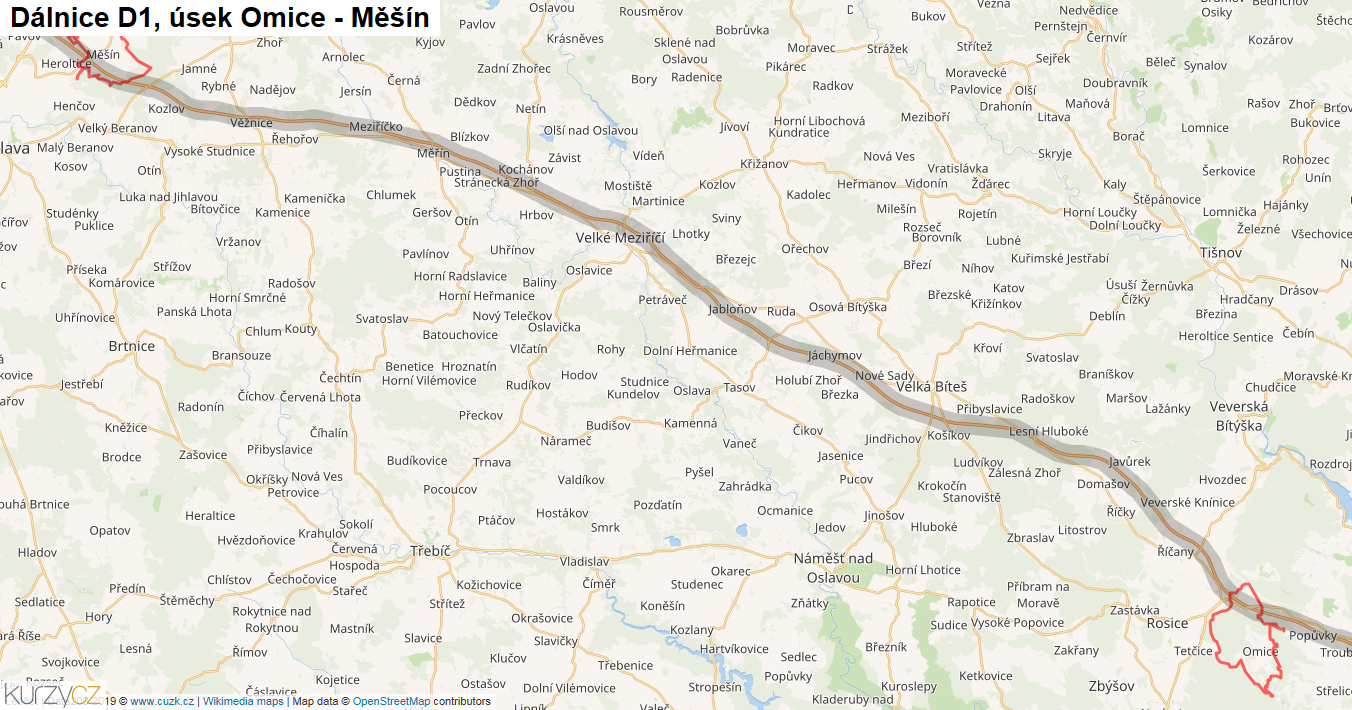 Úsek Omice - Měšín, Dálnice D1 - Mapa