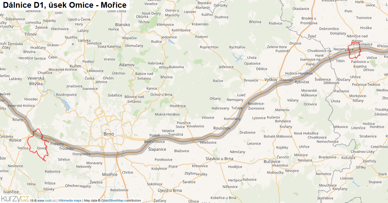 Úsek Omice - Mořice, Dálnice D1 - Mapa