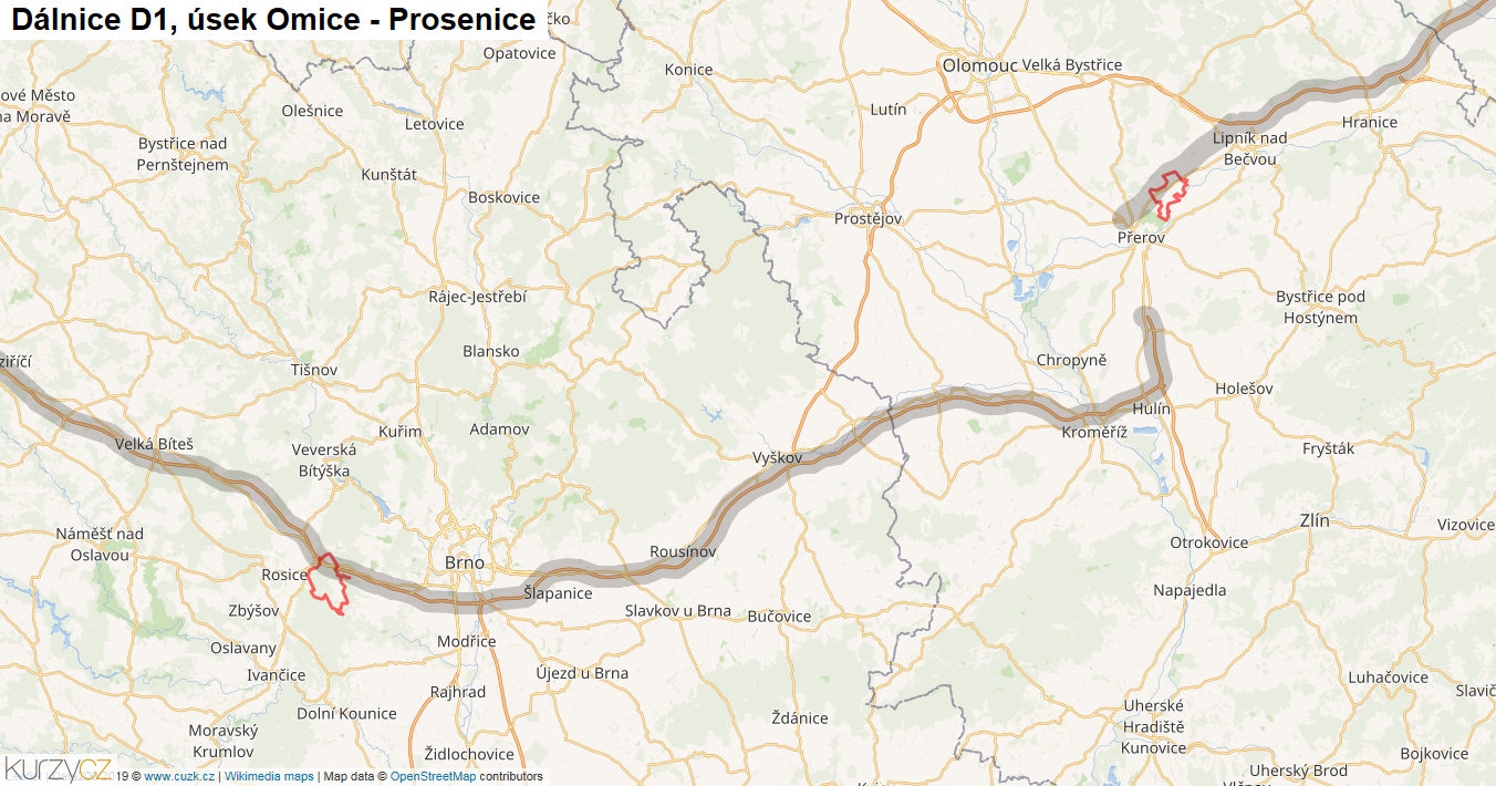 Úsek Omice - Prosenice, Dálnice D1 - Mapa