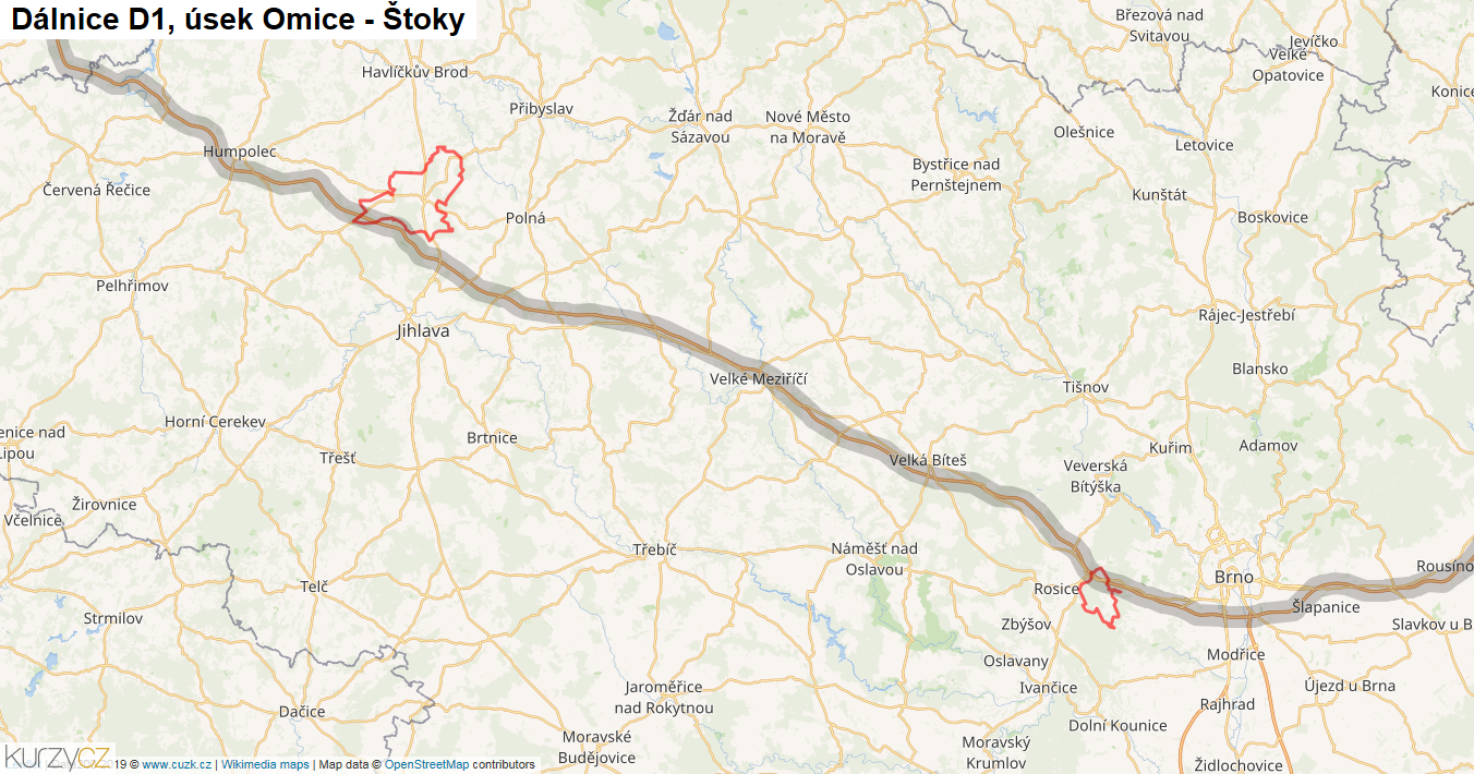 Úsek Omice - Štoky, Dálnice D1 - Mapa